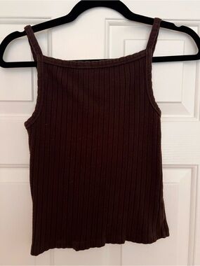 DONNI. Dark Brown Ribbed Crew Neck Top